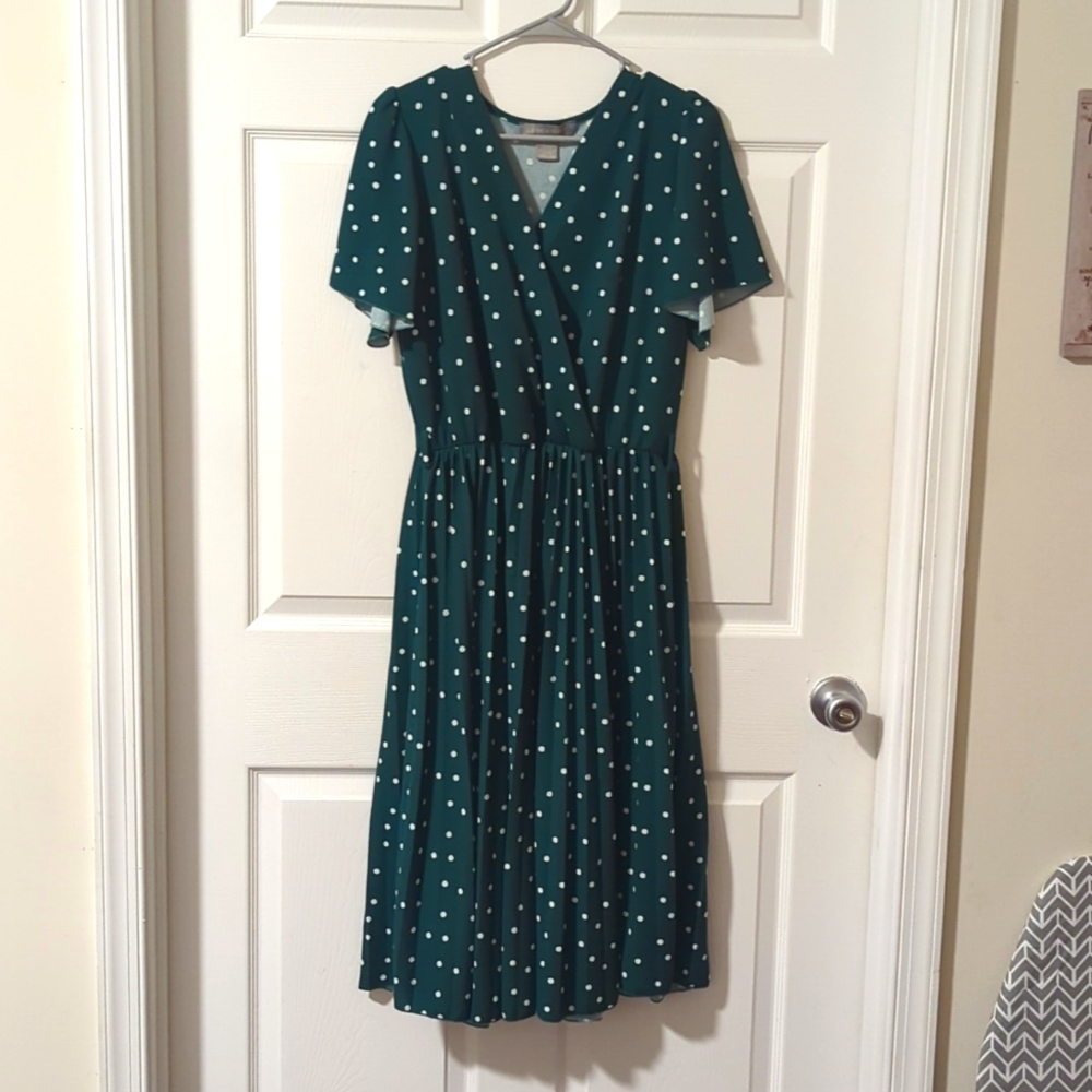 Lark + Grey wrap dress, hunter green with polka dots.